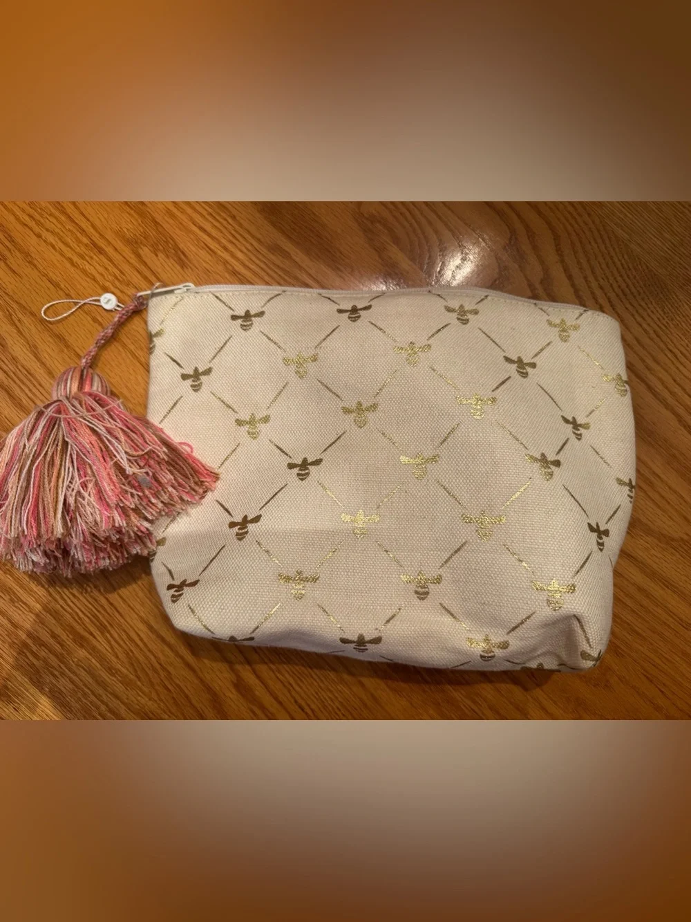 5/$30 Cream Cosmetic Pouch with Gold Bee Print